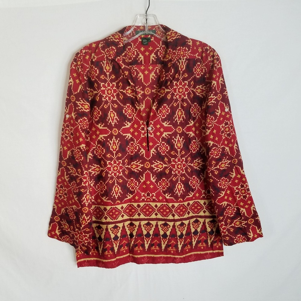 Lauren Ralph Lauren Womens Geometric L/S Loose Fit Pullover‎ Top Shirt Sz Small